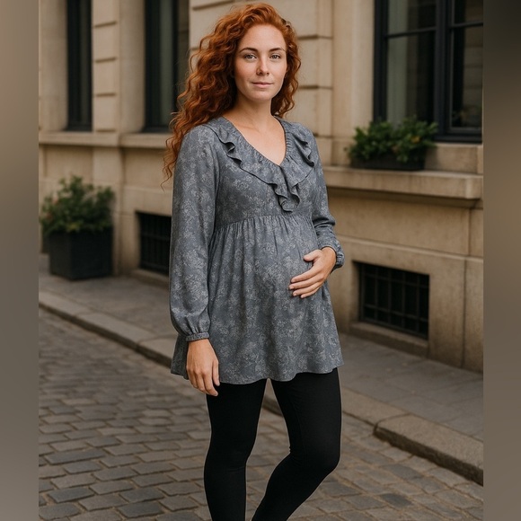 Jessica Simpson Babydoll Maternity Tunic Blouse Sheer Blue Gray Floral Ruffle XL - Picture 2 of 10